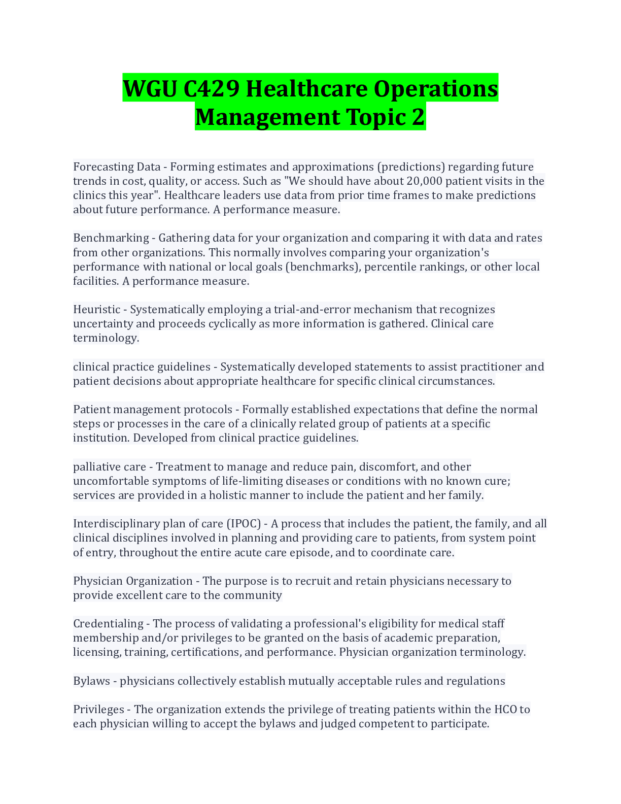 Preview image for WGU C429 Healthcare Operations Management Topic 2 Terms And Explanation